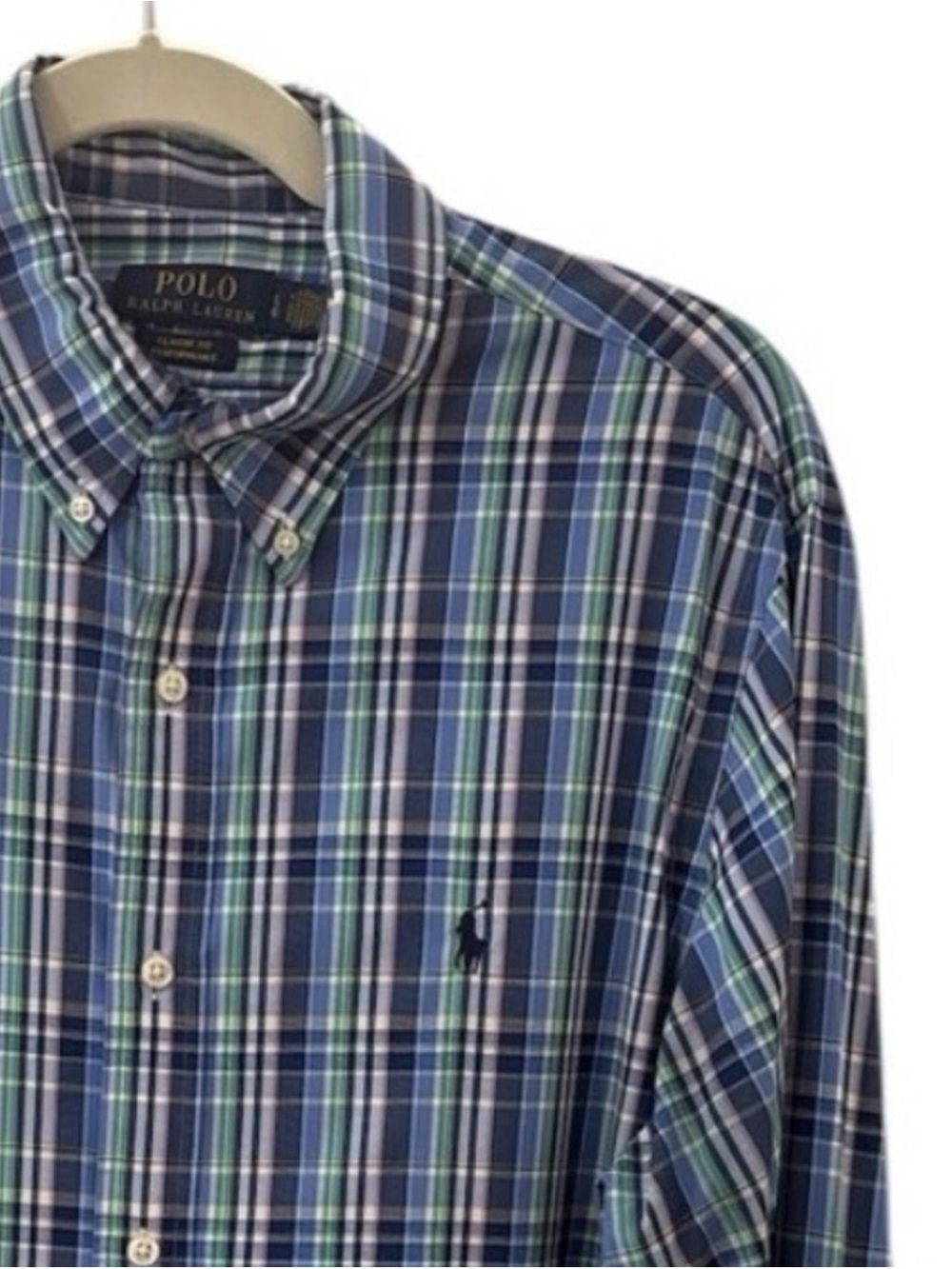 Polo by Ralph Lauren Men’s Blue and Green Plaid Button-Down Performance Shirt L